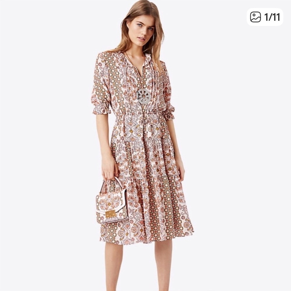 Tory Burch Pink and White Printed Midi Dress SZ 14 Cocktail/Formal Short Sleeve